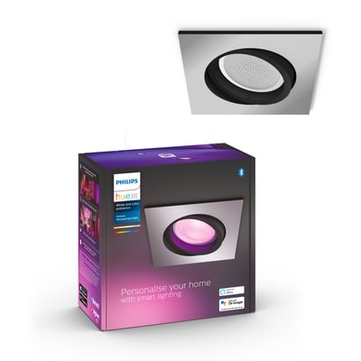 Pakke med Philips Hue Centura indbygningsspot med lysende pink farve, og et spot monteret ovenpå. Aluminium finish.