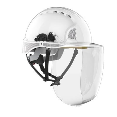 JSP EVOGuard C5-Max sikkerhedshjelm i hvid ABS-plast med integreret klart Arc Flash visir og 6-punkts tekstilindtræk.