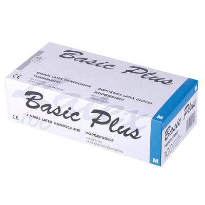 Æske med 100 stk. Basic Plus latex engangshandsker str. 9.5, pudrede og med rullet kant.
