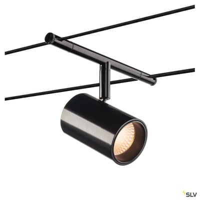 SLV TENSEO NOBLO wirelampe i sort, vist på et TENSEO 12V wiresystem med hvid baggrund og SLV logo.