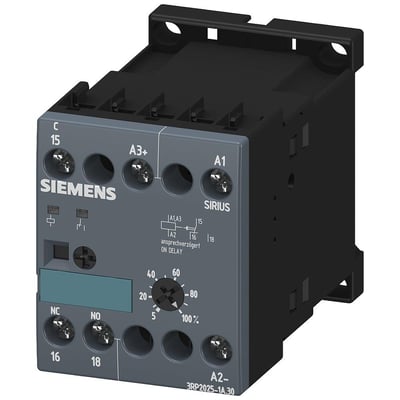 Siemens Sirius 3RP20 tidsrelæ med 1CO skiftekontakt og drejeknap til tidsindstilling fra 5% til 100%.