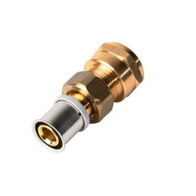 Roth union til 20 mm rør med 3/4" muffe, fremstillet af messing med en muffesamling, perfekt til nem adskillelse af installationer.