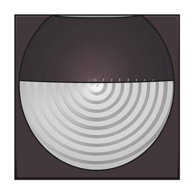 Abstrakt illustration af Niko bevægelsessensor, der viser en mørkebrun og sølvfarvet cirkulær linse med koncentriske cirkler.