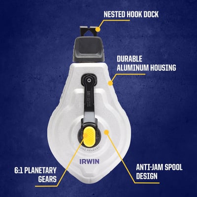 Irwin Strait-Line MACH 6 kridtsnor med tydeligt mærkede funktioner som "DURABLE ALUMINUM HOUSING" og "6:1 PLANETARY GEARS" på mørkeblå baggrund.