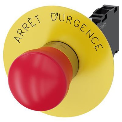 Siemens nødstop trykknap med stor rød paddetryk, gul bagplade med 'Arret d'urgence' inskription og sort tilslutningsmodul.