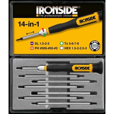 Ironside 14-i-1 skruetrækkersæt til elektronik med sort og gult greb samt bits i et åbent etui.