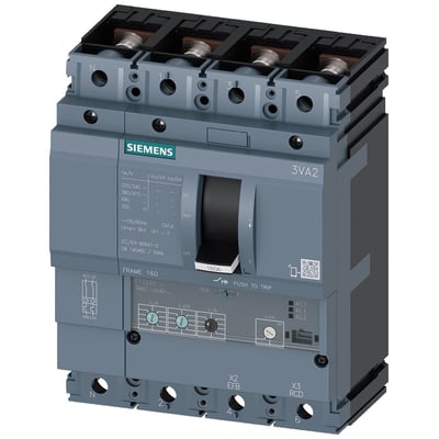 Siemens maksimalafbryder 3VA2163-5HL42-0AA0 med 63A strømstyrke og 4 poler, vist med fronten opad på grå baggrund.