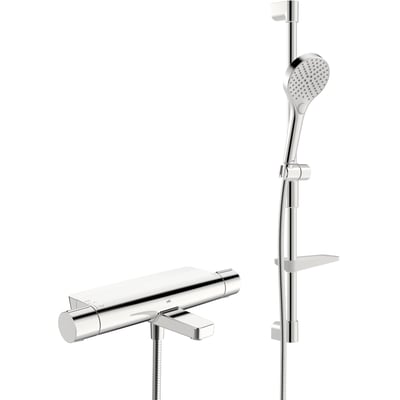 Oras Optima Style kar- og brusearmatur i krom med termostat, tud, rund håndbruser, slange og hylde.