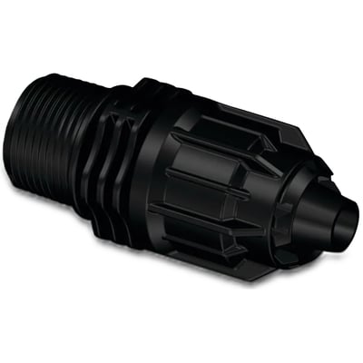 Bevo Nordic PP-overgang, sort, med 16 mm tilslutning og 3/4" nippel, designet til 4 bar tryk.