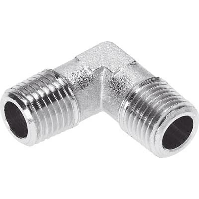 Festo banjovinkel NPFC-L-2R12-M i forniklet messing, med 90 graders vinkel og gevind i begge ender for trykluft.