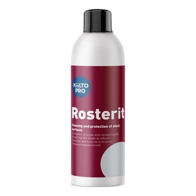 Kiilto Pro Rosterit plejemiddel til rustfrit stål, 400 ml flaske med mørkerød etiket og hvid bund.
