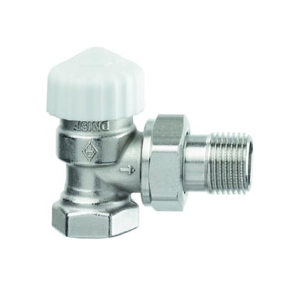 Detaljeret billede af IMI Calypso Exact DN15 vinkel radiatorventil, viser gevinddetaljer og forniklet messingoverflade.