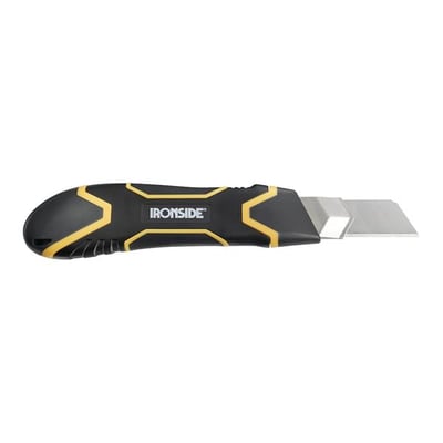Ironside hobbykniv med autolås, 25 mm blad og sort-gult 2-komponentgreb, set fra siden med bladet trukket ud.