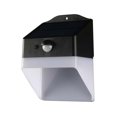 V-TAC Panda solcellevæglampe i sort og hvid med integreret PIR-sensor og solpanel, vist på hvid baggrund.