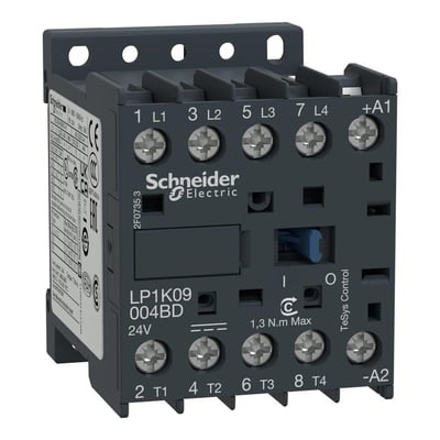 Detaljeret forsidevisning af Schneider Electric TeSys K kontaktor 20A, 4 poler, med tydeligt mærkede terminaler og 12VDC spole.
