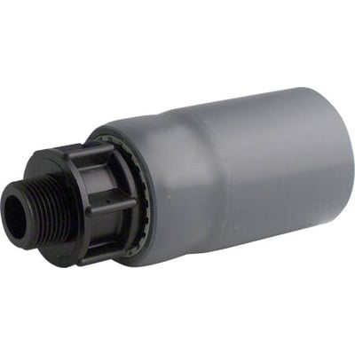 Grå overgang til indføringsbøjning med sorte gevind og 63mm tilslutning, ideel til VVS-installationer.