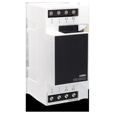 Buskobler til Niko Home Control serien, model 550-00020, hvid med sorte terminaler for tilslutning af strøm og bus.