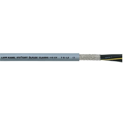Lapp Olflex Classic 115 CY kabel med 7 ledere, 1,5 mm² tværsnit og flettet skærm i grå isolering med teksttryk.