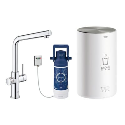 GROHE Red II Duo køkkenarmatur med kromfarvet L-tud, M-kedel, filter og tilhørende styring.