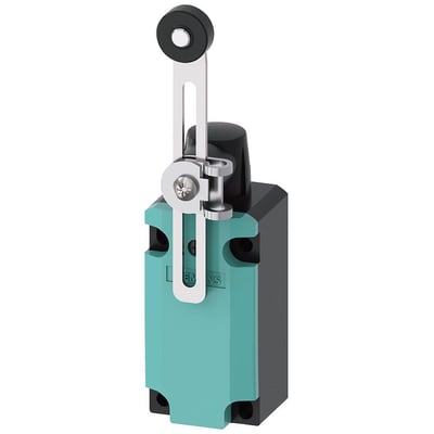 Detaljeret visning af Siemens Sirius endestop, der fremhæver den robuste metalkonstruktion og den justerbare aktuatorarm med rulle.