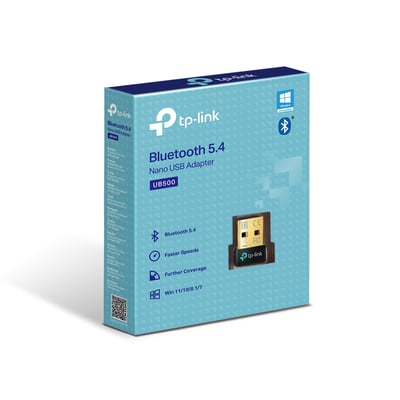 Æsken til TP-Link UB600 nano USB-adapter viser en blågrøn emballage, der er mærket UB500 og Bluetooth 5.4.