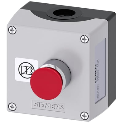 Siemens 3SU1 trykknapkasse i grå plast med rød 30mm trykknap og et symbol for nødstop.