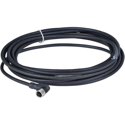 Schneider Electric 10m M8 3-pole sensorkabel med vinklet hunstik, sort PUR-kappe og synlige ledningsender.