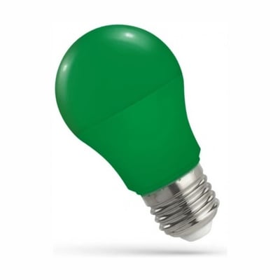 SpectrumLED grøn E27 LED-pære, A50-form med matteret overflade og synlig metalskruefatning.