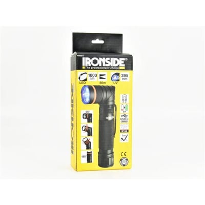 Emballagen til Ironside Twist +UV håndlampen viser lampen med drejeligt hoved, UV-lys og lysstyrke på 1000 lumen.