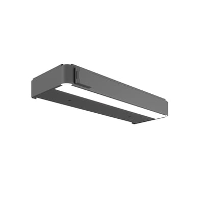 Svedbergs LED-belysning til badeværelset i granitgrå, 60 x 7 x 20 cm, set skråt nedefra med en lang lysflade.