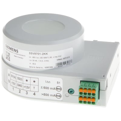 Siemens summationsstrømtransformator type B, model 5SV8701-2KK, med 35 mm diameter og mærkestrøm 80A. Den grå enhed har tydelig mærkning og grønne terminalblokke til tilslutning.