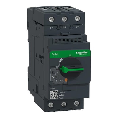 Schneider Electric Tesys GV3P motorværn, 12-18A, vist med grøn betjeningsgreb og testfunktion, samt QR kode.