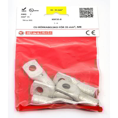 Elpress rørkabelsko KRF35-8, 35mm² fortinnet kobber med M8 laske, vist i 5 stk. pose.