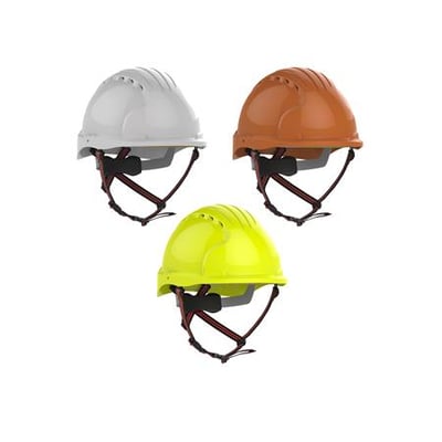 JSP EVO5 Dualswitch klatrehjelm vist i tre forskellige farver: grøn, brun og hvid, med synlig 6-punktsophæng og justerbar hakrem.