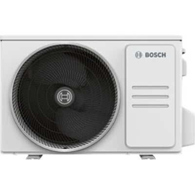 Bosch Climate 3000i varmepumpe, udedel, hvid med sort ventilator og Bosch logo, designet til effektiv opvarmning og køling.