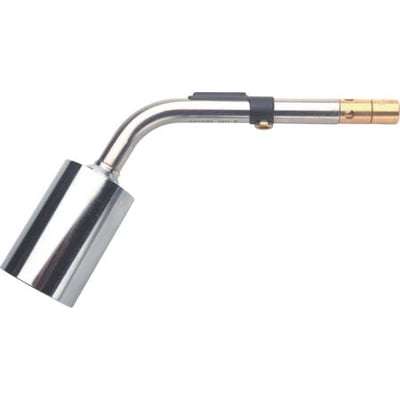 Sievert blødflammebrænderhoved med 50 mm diameter, fremstillet af skinnende metal med en sort klemme og messing dyse.