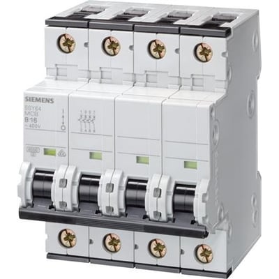 Siemens SENTRON 5SY 4-pols automatsikring på 16 A, set forfra med fire sorte betjeningsgreb og tilslutninger.
