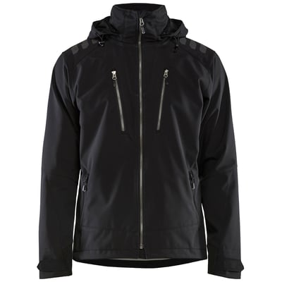 Blåkläder Workwear sort softshell jakke i størrelse XL med aftagelig hætte, lynlåslommer og velcro ved ærmerne.