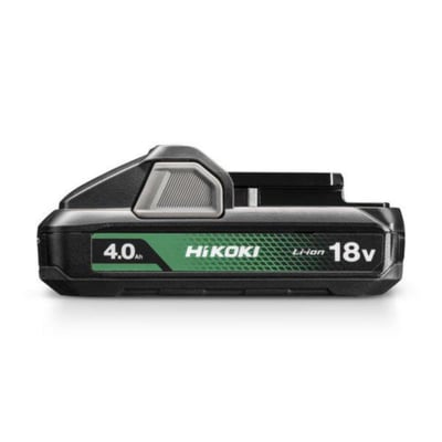 Hikoki Power Tools BSL1840M 18 V 4,0 Ah Li-ion-batteri i sort med grøn mærkat, set fra siden.