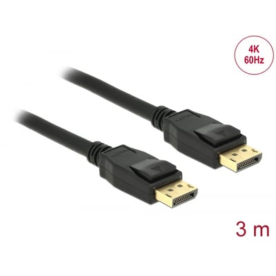 DeLock DisplayPort 1.2-kabel i sort med to hanstik; grafikken angiver 4K ved 60 Hz og en længde på 3 meter.