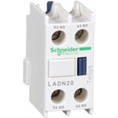 Schneider Electric LADN20 hjælpeblok set bagfra, viser skrueterminaler og mærkatet TeSys på hvid baggrund.