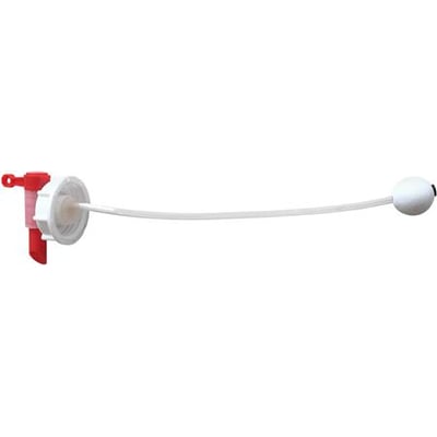 Kabi aftapningshane til 60 liters dunke med 70 mm gevind, viser hanen med rød betjeningsarm og hvid slange med prop.