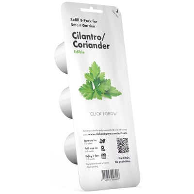 Click & Grow refillpakke med 3 korianderkapsler, vist fra siden med produktinformation og QR-kode.