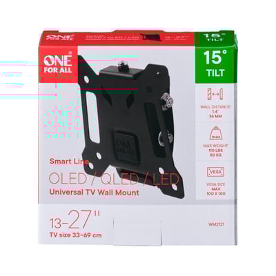 One For All WM2121 TV-vægbeslag i sort, vist i produktemballage med tydelig angivelse af 15° tilt og VESA-kompatibilitet.