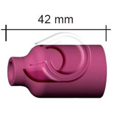 Detaljeret billede af Abicor Binzel gaskop nr. 5, der viser målet 42 mm længde på det keramiske materiale.