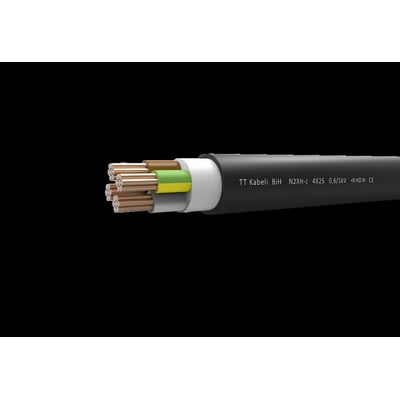 Halogenfrit installationskabel N2XH-J 5G2,5 i sort, med fem kobberledere i neutrale farver, tåler 90 grader og 0,6/1kV.
