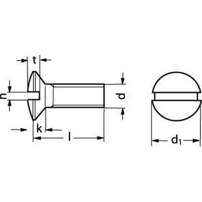 Teknisk tegning af M5X20 DIN 964 A2 maskinskrue med linsehoved og lige kærv, viser dimensioner som l, k, t, c, d og d1.