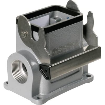 Weidmüller sokkelhus størrelse 3 med 2xM25 gevind og monteringsbøjle, udført i grå metal med sort pakning.