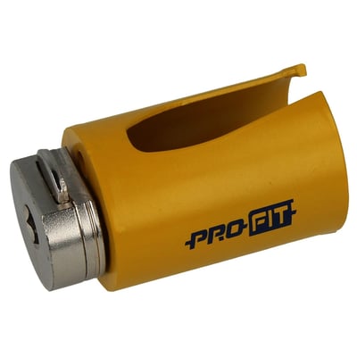 PRO-FIT HM hulsav med adaptor i 45 mm diameter, udført i gult metal med blå PRO-FIT logo.