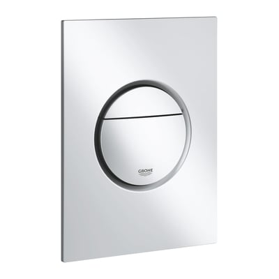 Grohe Nova Cosmopolitan S betjeningsplade i matkrom, viser det cirkulære skylleknap med Grohe logo på en firkantet plade.